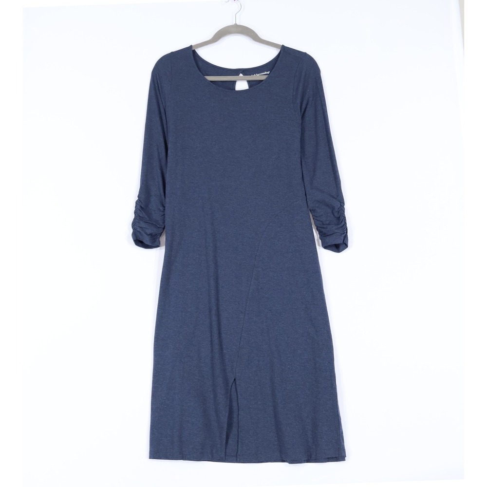 Soft Surroundings Midi Dress Womens XL Dark Blue Ruched Sleeve Slit Lagenlook